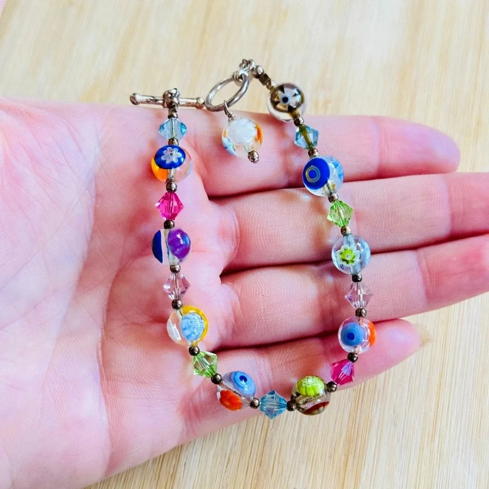 Lucky Clover Bracelet Murano Venetian Art Glass Beads Toggle Millefiori 925 7.5